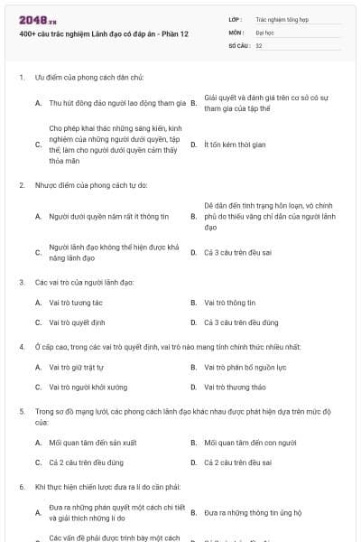 400+ câu trắc nghiệm Lãnh đạo có đáp án - Phần 12