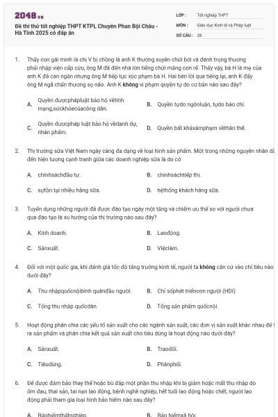 Đề thi thử tốt nghiệp THPT KTPL Chuyên Phan Bội Châu - Hà Tĩnh 2025 có đáp án