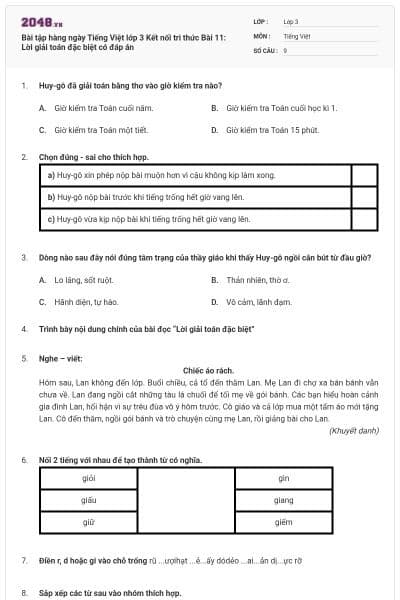 Bài tập hàng ngày Tiếng Việt lớp 3 Kết nối tri thức Bài 11: Lời giải toán đặc biệt có đáp án