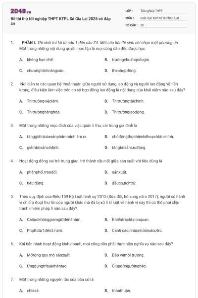 Đề thi thử tốt nghiệp THPT KTPL Sở Gia Lai 2025 có đáp án