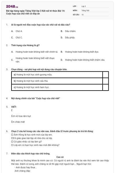 Bài tập hàng ngày Tiếng Việt lớp 3 Kết nối tri thức Bài 14: Cuộc họp của chữ viết có đáp án