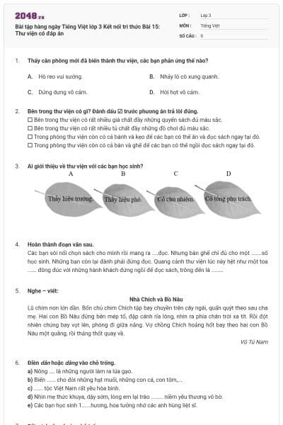 Bài tập hàng ngày Tiếng Việt lớp 3 Kết nối tri thức Bài 15: Thư viện có đáp án