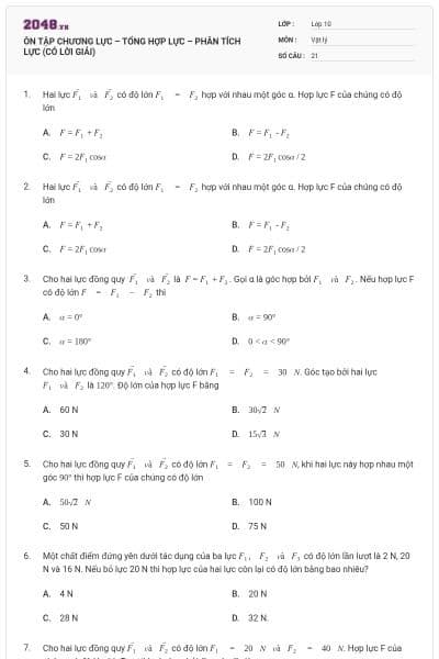 ÔN TẬP CHƯƠNG LỰC – TỔNG HỢP LỰC – PHÂN TÍCH LỰC (CÓ LỜI GIẢI)