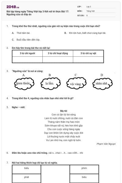 Bài tập hàng ngày Tiếng Việt lớp 3 Kết nối tri thức Bài 17: Ngưỡng cửa có đáp án