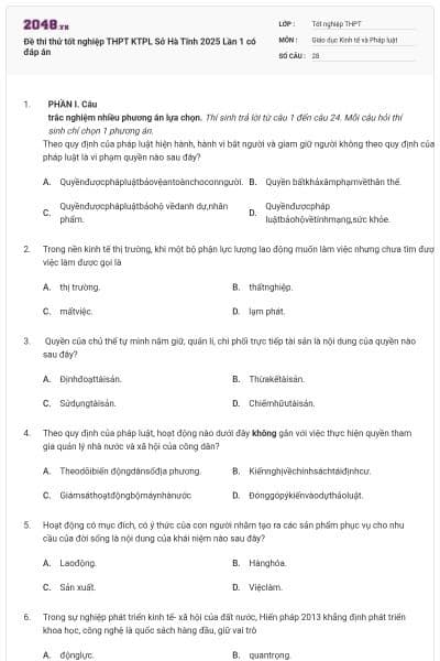 Đề thi thử tốt nghiệp THPT KTPL Sở Hà Tĩnh 2025 Lần 1 có đáp án