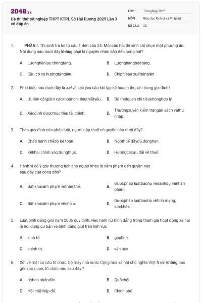 Đề thi thử tốt nghiệp THPT KTPL Sở Hải Dương 2025 Lần 3 có đáp án