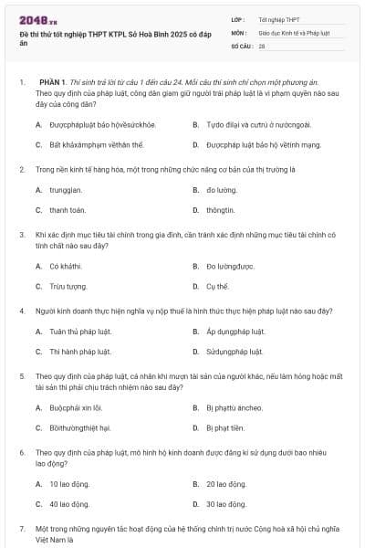 Đề thi thử tốt nghiệp THPT KTPL Sở Hoà Bình 2025 có đáp án