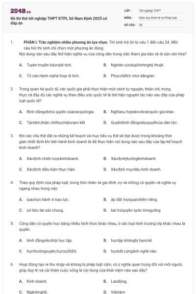 Đề thi thử tốt nghiệp THPT KTPL Sở Nam Định 2025 có đáp án