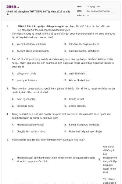 Đề thi thử tốt nghiệp THPT KTPL Sở Tây Ninh 2025 có đáp án