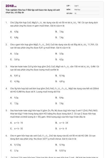 Trắc nghiệm Hóa học 9 Bài tập oxit bazơ tác dụng với axit chọn lọc, có đáp án