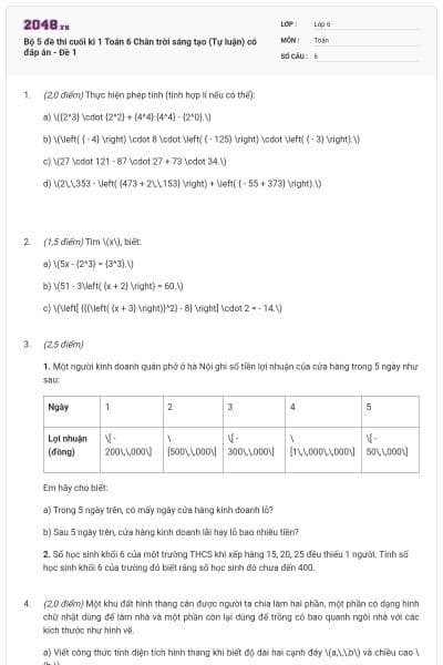 Bộ 5 đề thi cuối kì 1 Toán 6 Chân trời sáng tạo (Tự luận) có đáp án - Đề 1