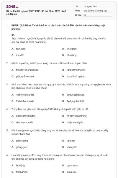 Đề thi thử tốt nghiệp THPT KTPL Sở Lai Châu 2025 Lần 2 có đáp án