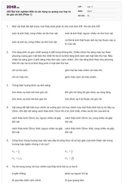 283 Bài trắc nghiệm Mắt và các dụng cụ quang cực hay có lời giải chi tiết (Phần 1)