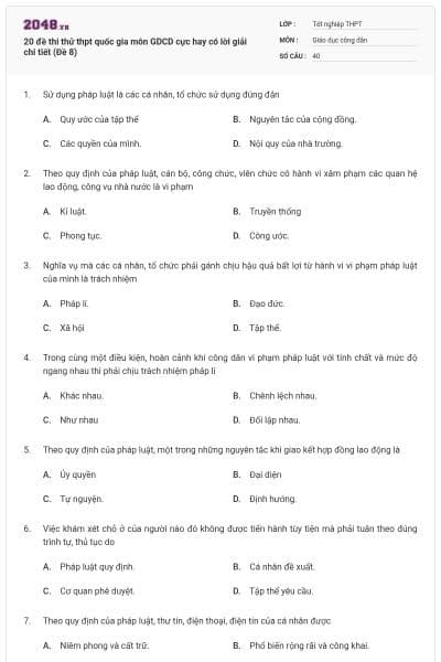 20 đề thi thử thpt quốc gia môn GDCD cực hay có lời giải chi tiết (Đề 8)