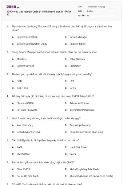 1300+ câu trắc nghiệm Quản trị hệ thống có đáp án - Phần 22