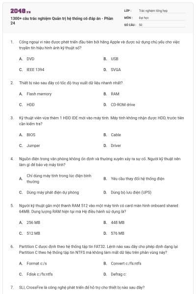 1300+ câu trắc nghiệm Quản trị hệ thống có đáp án - Phần 24