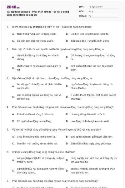 Bài tập tổng ôn Địa lí - Phát triển kinh tế - xã hội ở Đồng bằng sông Hồng có đáp án