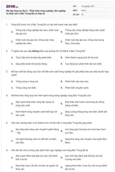 Bài tập tổng ôn Địa lí - Phát triển nông nghiệp, lâm nghiệp và thủy sản ở Bắc Trung Bộ có đáp án