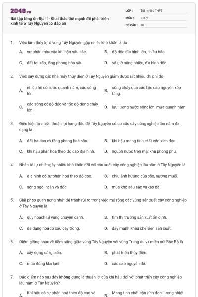 Bài tập tổng ôn Địa lí - Khai thác thế mạnh để phát triển kinh tế ở Tây Nguyên có đáp án