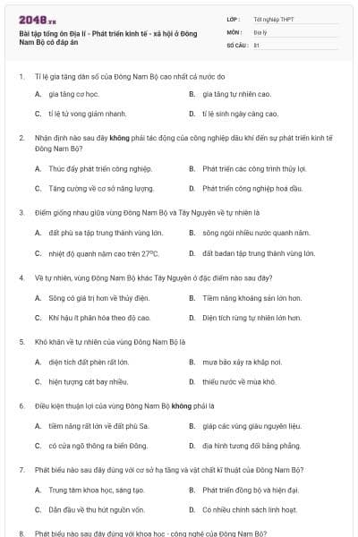 Bài tập tổng ôn Địa lí - Phát triển kinh tế - xã hội ở Đông Nam Bộ có đáp án