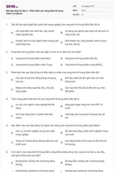 Bài tập tổng ôn Địa lí - Phát triển các vùng kinh tế trọng điểm có đáp án