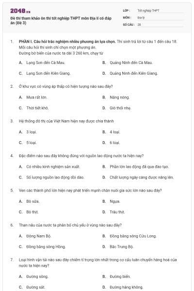 Đề thi tham khảo ôn thi tốt nghiệp THPT môn Địa lí có đáp án (Đề 3)