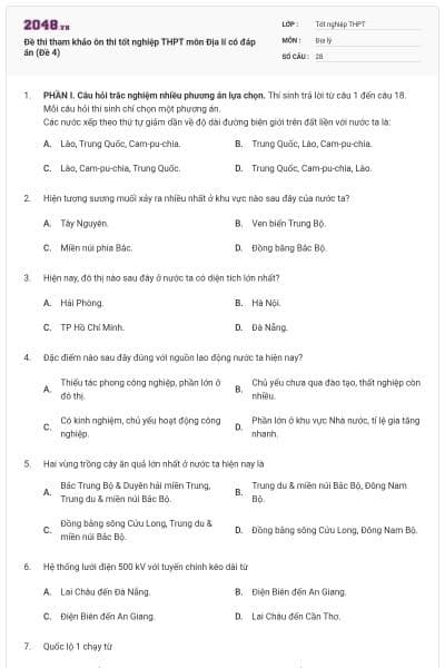Đề thi tham khảo ôn thi tốt nghiệp THPT môn Địa lí có đáp án (Đề 4)