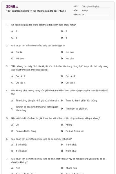 100+ câu trắc nghiệm Trí tuệ nhân tạo có đáp án - Phần 1