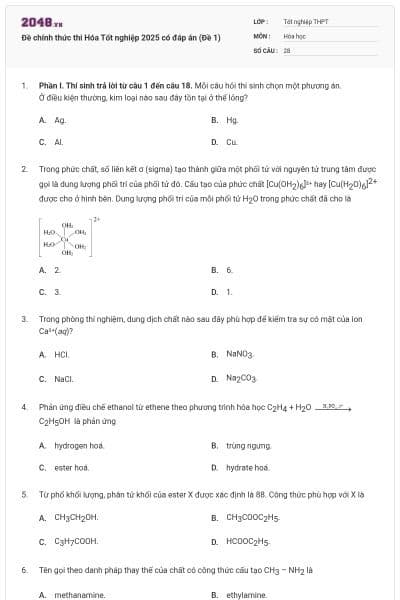 Đề chính thức thi Hóa Tốt nghiệp 2025 có đáp án (Đề 1)