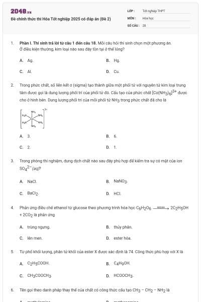 Đề chính thức thi Hóa Tốt nghiệp 2025 có đáp án (Đề 2)
