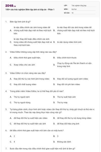 100+ câu trắc nghiệm Biên tập ảnh có đáp án - Phần 1