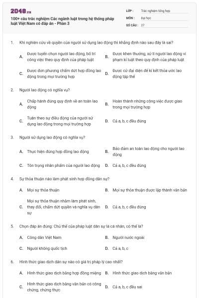 100+ câu trắc nghiệm Các ngành luật trong hệ thống pháp luật Việt Nam có đáp án - Phần 3