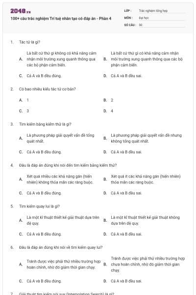 100+ câu trắc nghiệm Trí tuệ nhân tạo có đáp án - Phần 4