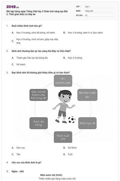 Bài tập hàng ngày Tiếng Việt lớp 2 Chân trời sáng tạo Bài 2: Thời gian biểu có đáp án