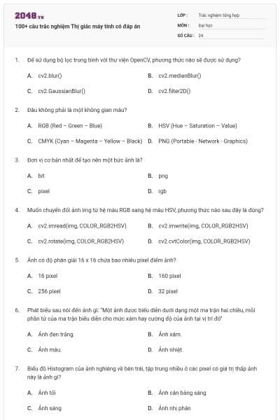 100+ câu trắc nghiệm Thị giác máy tính có đáp án