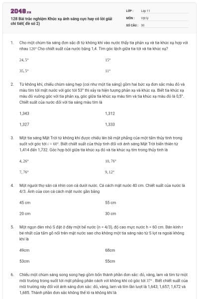 128 Bài trắc nghiệm Khúc xạ ánh sáng cực hay có lời giải chi tiết( đề số 2)