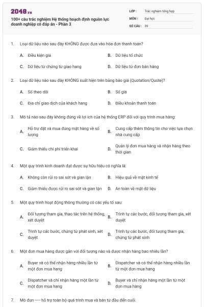 100+ câu trắc nghiệm Hệ thống hoạch định nguồn lực doanh nghiệp có đáp án - Phần 3