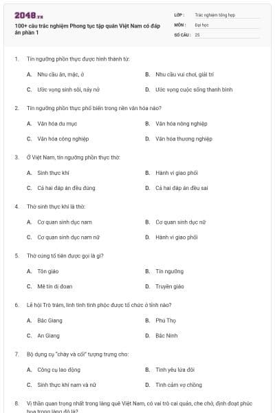 100+ câu trắc nghiệm Phong tục tập quán Việt Nam có đáp án phần 1