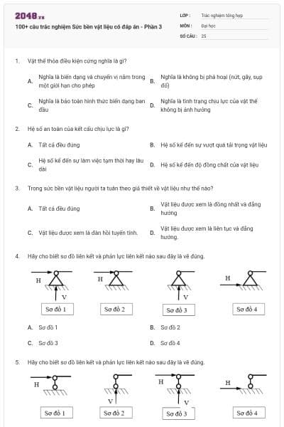 100+ câu trắc nghiệm Sức bền vật liệu có đáp án - Phần 3