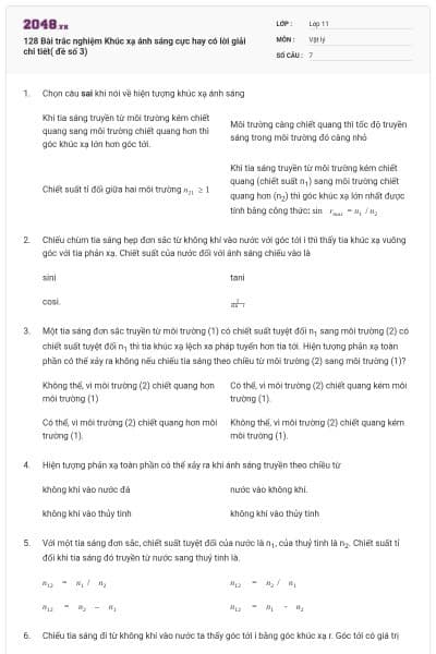 128 Bài trắc nghiệm Khúc xạ ánh sáng cực hay có lời giải chi tiết( đề số 3)