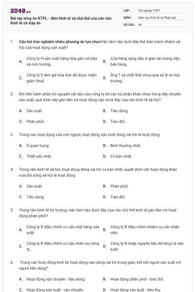 Bài tập tổng ôn KTPL - Nền kinh tế và chủ thể của các nền kinh tế có đáp án