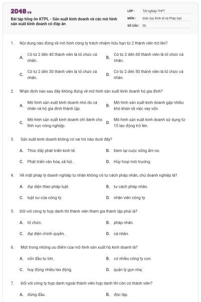 Bài tập tổng ôn KTPL - Sản xuất kinh doanh và các mô hình sản xuất kinh doanh có đáp án