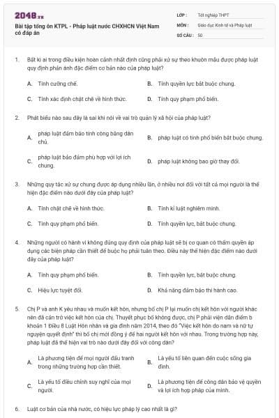 Bài tập tổng ôn KTPL - Pháp luật nước CHXHCN Việt Nam có đáp án