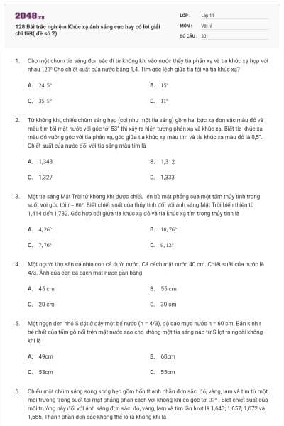 128 Bài trắc nghiệm Khúc xạ ánh sáng cực hay có lời giải chi tiết( đề số 2)