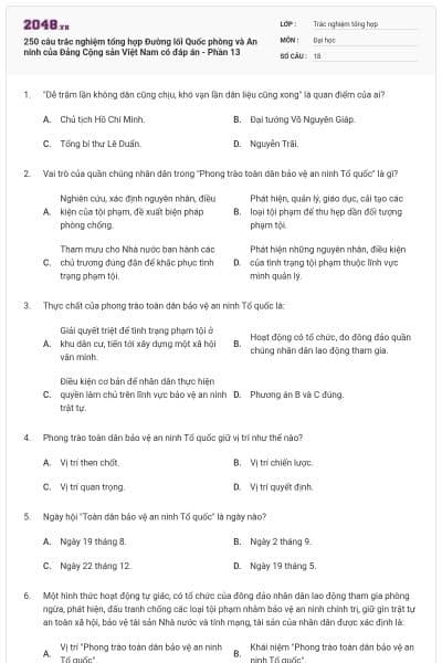 250 câu trắc nghiệm tổng hợp Đường lối Quốc phòng và An ninh của Đảng Cộng sản Việt Nam có đáp án - Phần 13