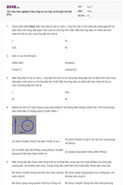 181 Câu trắc nghiệm Cảm ứng từ cực hay có lời giải chi tiết (P2)