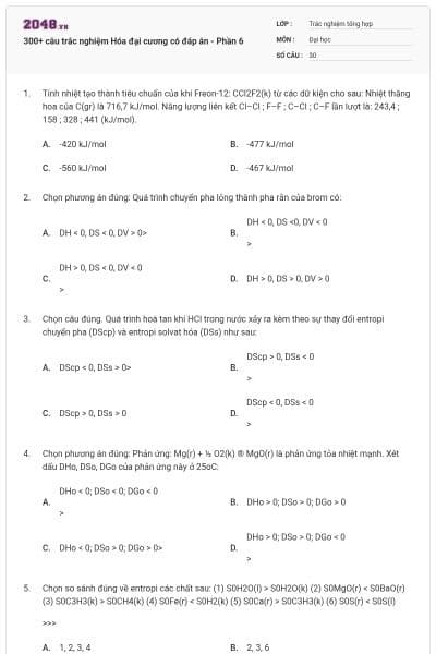 300+ câu trắc nghiệm Hóa đại cương có đáp án - Phần 6