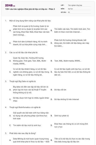 100+ câu trắc nghiệm Khai phá dữ liệu có đáp án - Phần 3