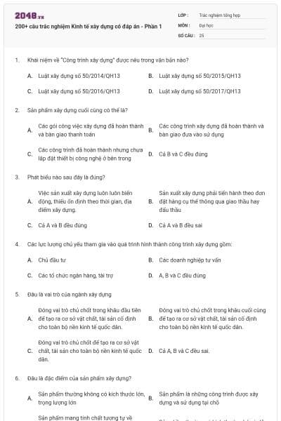 200+ câu trắc nghiệm Kinh tế xây dựng có đáp án - Phần 1
