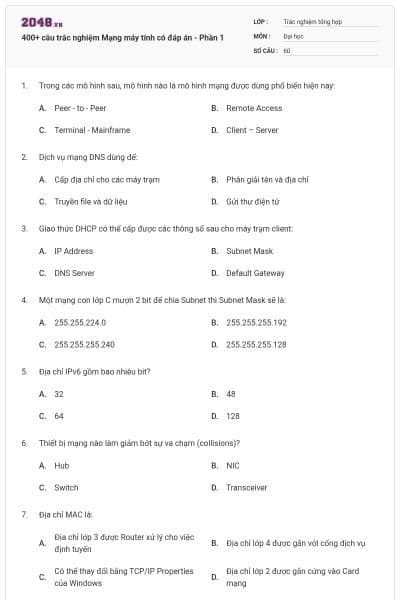 400+ câu trắc nghiệm Mạng máy tính có đáp án - Phần 1
